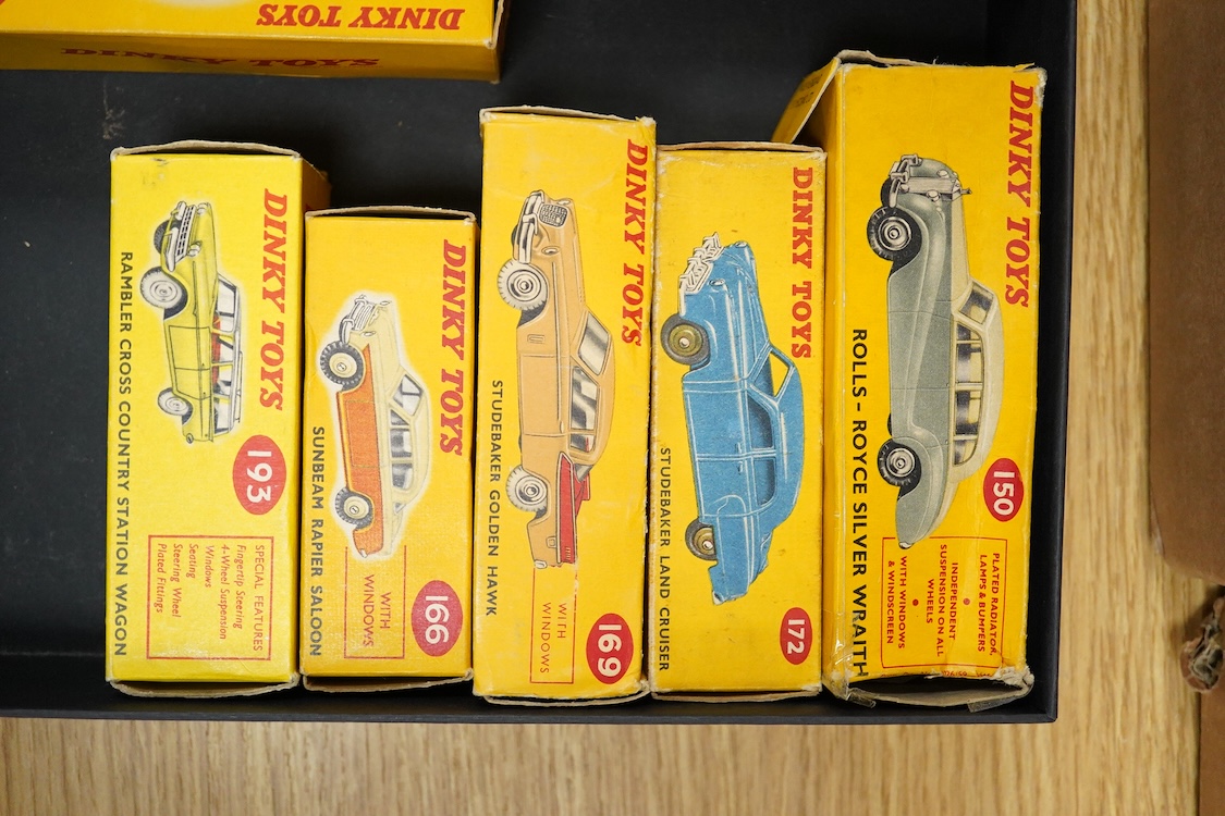 Six boxed Dinky Toys; Rolls-Royce Silver Wraith (150), Sunbeam Rapier Saloon (166), Studebaker Golden Hawk (169), Studebaker Land Cruiser (172), Hudson Hornet Sedan (174), and Rambler Cross Country Station Wagon (193)